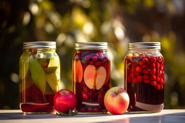 pickled fruit jar on wooden table