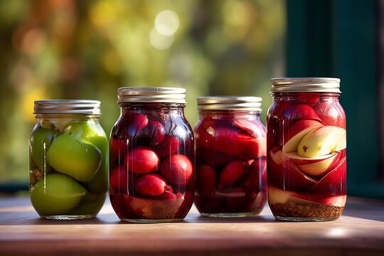 pickled fruit jar on wooden table