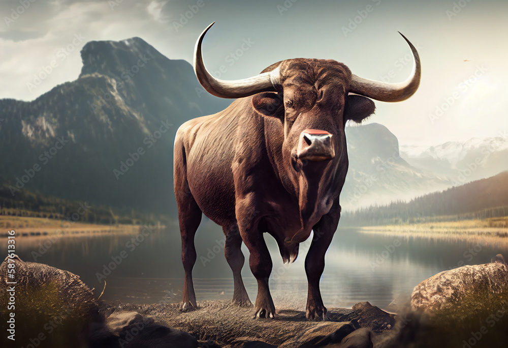 Poster buffalo in the field  Generative AI technology.