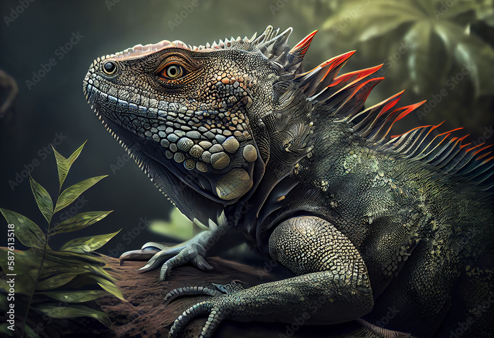 Poster A detailed, photorealistic rendering of an iguana, with intricate textures and subtle shading.  Generative AI technology.