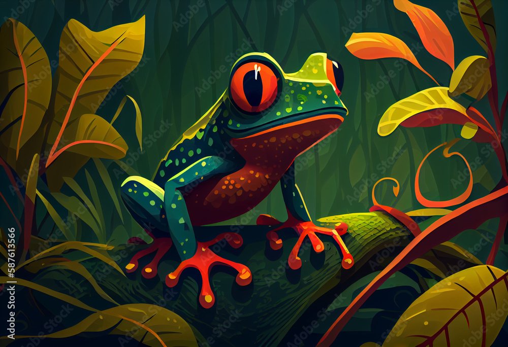 Poster a whimsical and playful depiction of a frog, featuring bold colors and a cartoonish style. generativ