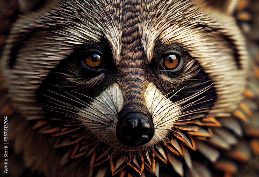 Fototapete A complex, multi-layered pattern of interlocking shapes that resembles a raccoon face.  Generative AI technology.