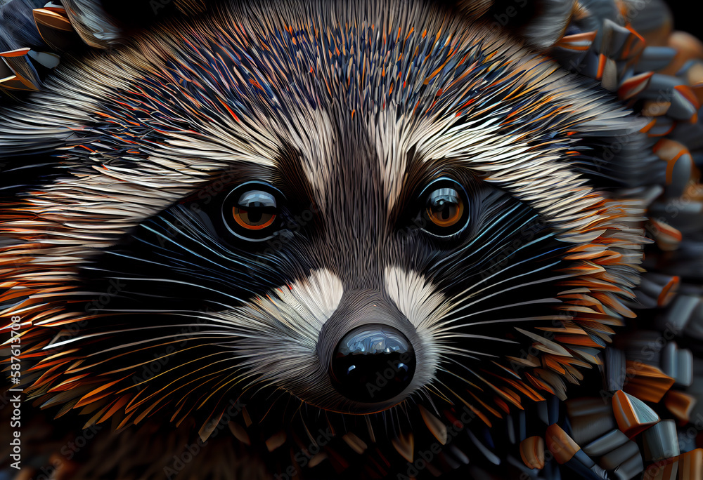 Poster A complex, multi-layered pattern of interlocking shapes that resembles a raccoon face.  Generative AI technology.