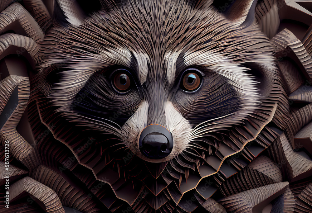 Fototapete A complex, multi-layered pattern of interlocking shapes that resembles a raccoon face.  Generative AI technology.