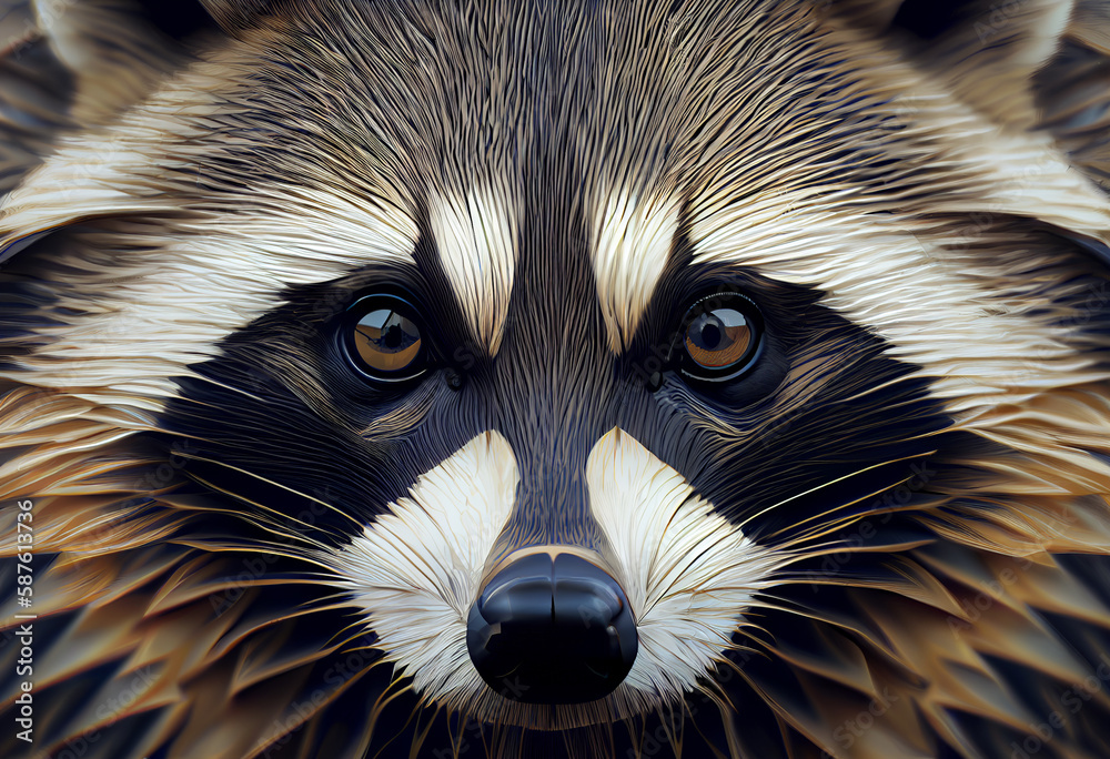 Leinwandbilder A complex, multi-layered pattern of interlocking shapes that resembles a raccoon face.  Generative AI technology.
