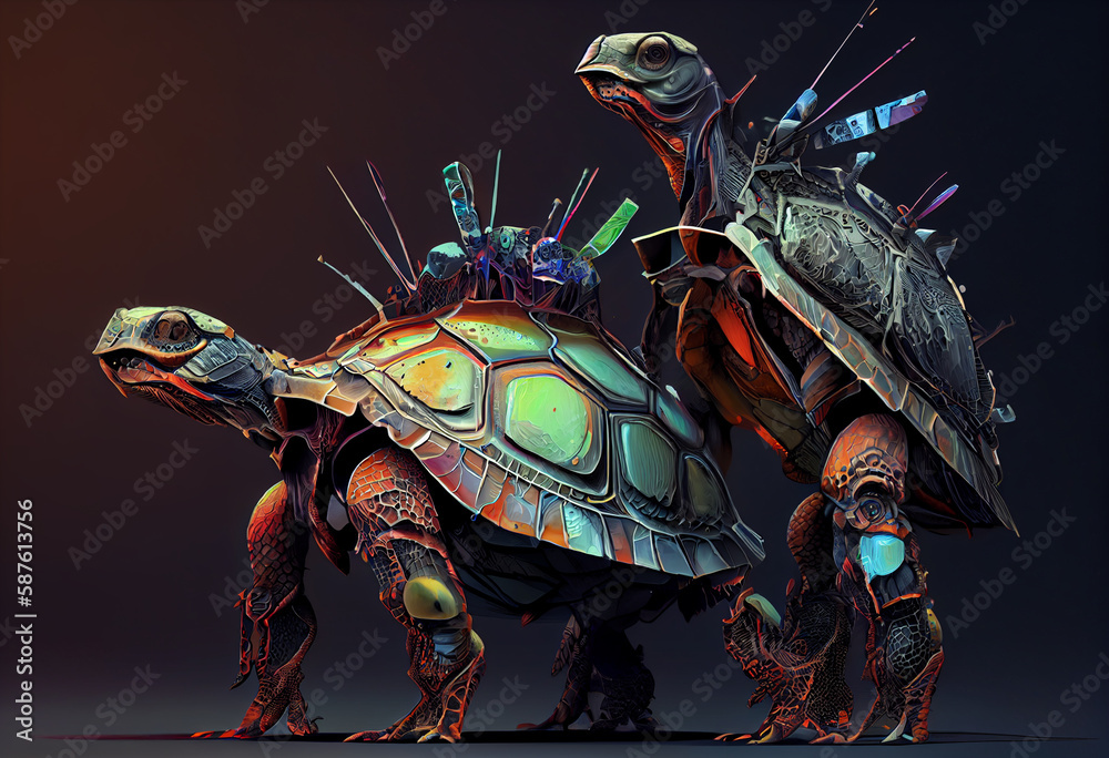 Poster an abstract, surrealist portrait of a armored turtles, featuring exaggerated proportions and dreamli