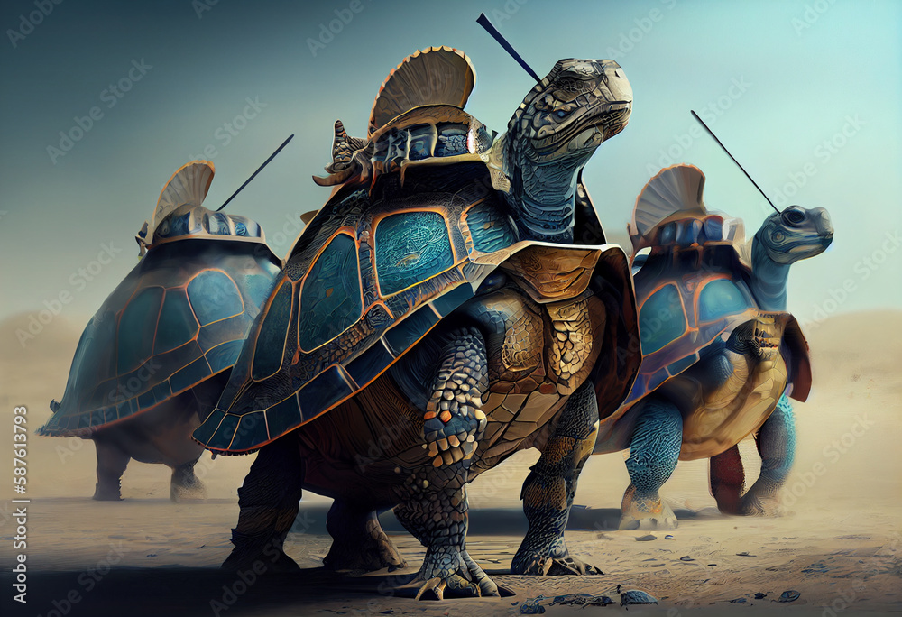 Poster an abstract, surrealist portrait of a armored turtles, featuring exaggerated proportions and dreamli