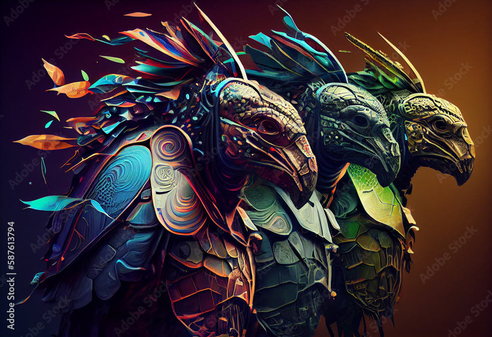 Poster an abstract, surrealist portrait of a armored turtles, featuring exaggerated proportions and dreamli