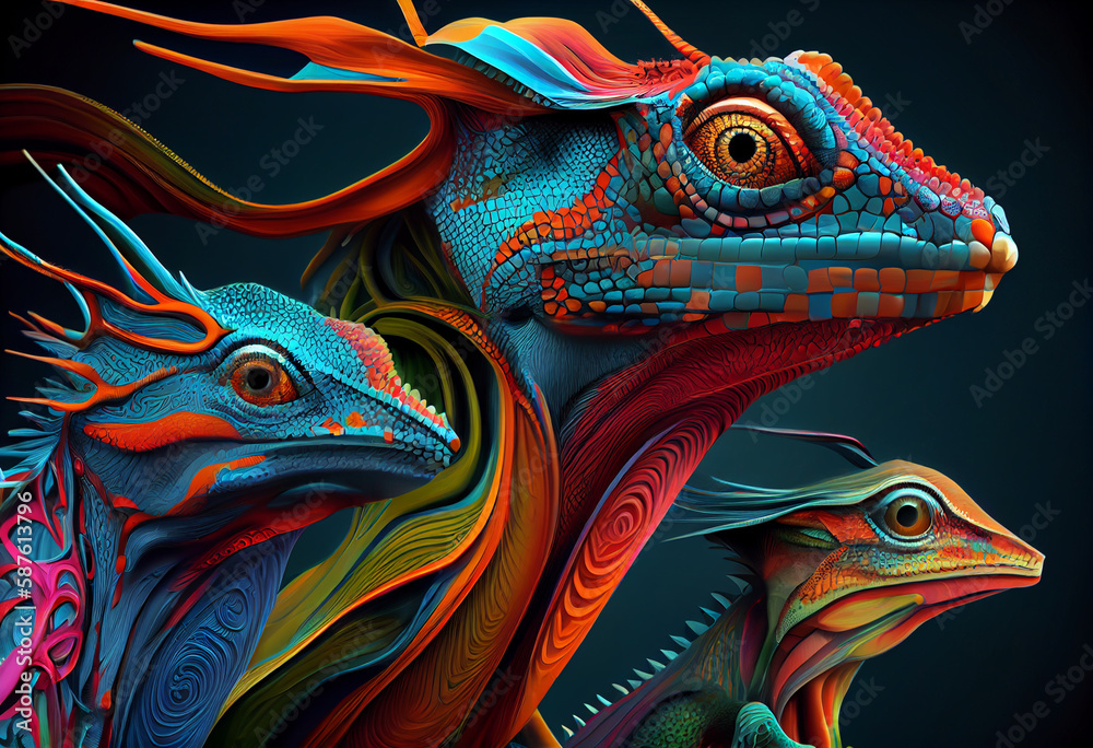 Poster an abstract, surrealist portrait of a lizards, featuring exaggerated proportions and dreamlike color