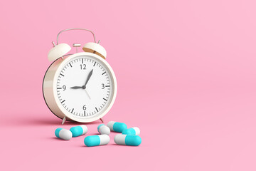 Fototapeta na wymiar Alarm clock with capsule pills spread on the floor pink background. Health care remind you to take your medicine on time, taking sleeping pills, pharmacy, supplements or vitamins. 3D Illustration.
