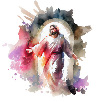 Watercolor drawing Jesus Christ Resurrected. Dark and red colors Easter. He is Risen. Savior for people. Colorful splash, lines and textures isolated transparent background png. Generative AI