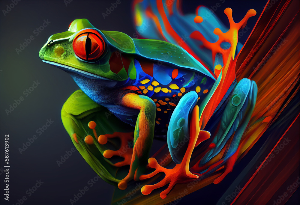 Poster an abstract, surrealist portrait of a tree frogs, featuring exaggerated proportions and dreamlike co
