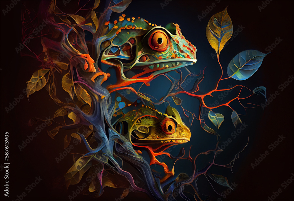 Poster an abstract, surrealist portrait of a tree frogs, featuring exaggerated proportions and dreamlike co