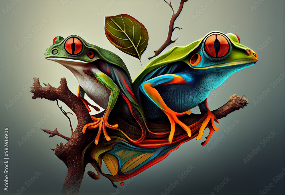 Poster an abstract, surrealist portrait of a tree frogs, featuring exaggerated proportions and dreamlike co