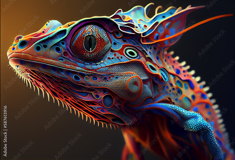 Poster an abstract, surrealist portrait of a geckos, featuring exaggerated proportions and dreamlike colors