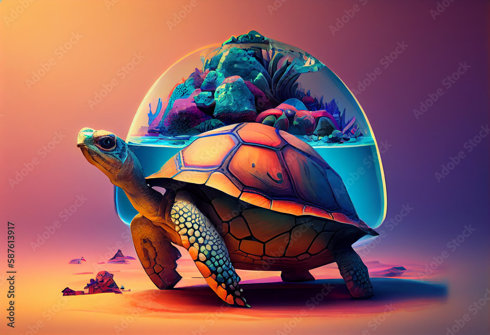 Poster an abstract, surrealist portrait of a turtles with a dome-shaped shell, featuring exaggerated propor