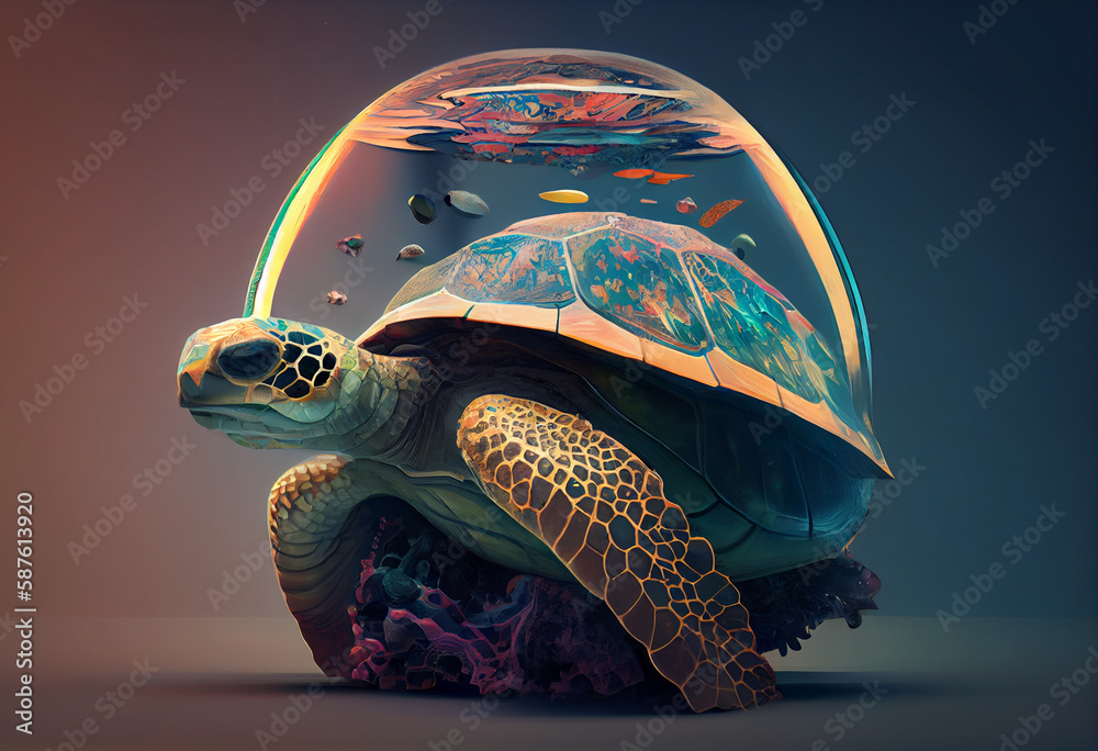 Poster an abstract, surrealist portrait of a turtles with a dome-shaped shell, featuring exaggerated propor