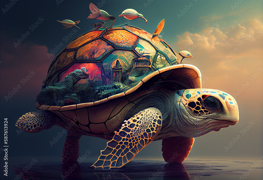 Poster an abstract, surrealist portrait of a turtles with a dome-shaped shell, featuring exaggerated propor