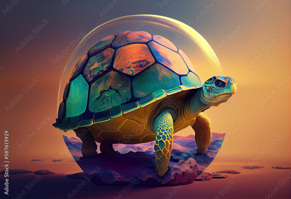 Poster an abstract, surrealist portrait of a turtles with a dome-shaped shell, featuring exaggerated propor