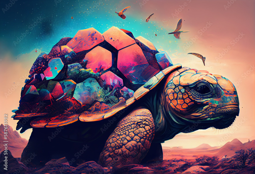 Poster an abstract, surrealist portrait of a turtles with a dome-shaped shell, featuring exaggerated propor
