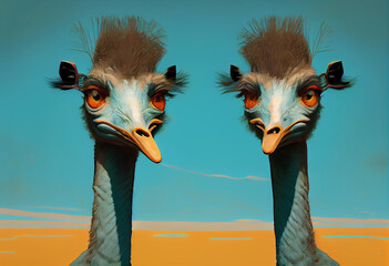 An abstract, surrealist portrait of a European ostriches, featuring exaggerated proportions and dreamlike colors.  Generative AI technology.	
