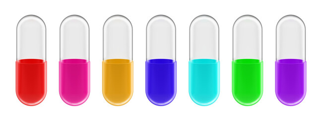 Obraz premium Capsule pill red, pink, yellow, blue, green, purple transparent top. Health care and medical is medicine, pharmacy or vitamins. Object element. 3D Illustration.