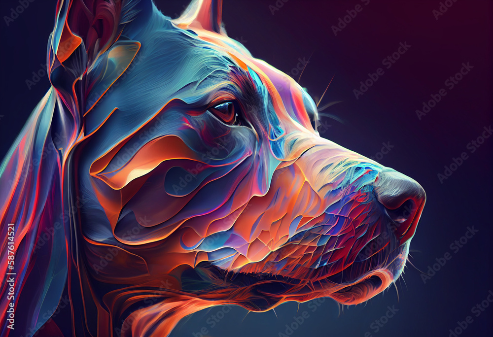Poster An abstract, surrealist portrait of a Beagle, featuring exaggerated proportions and dreamlike colors.  Generative AI technology.	
