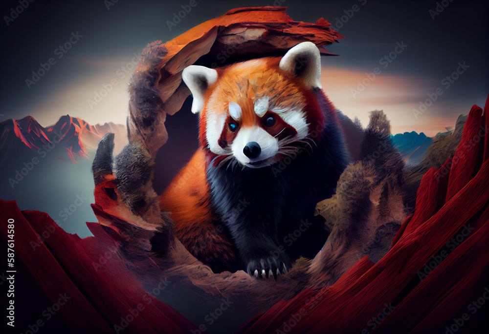 Poster an abstract, surrealist portrait of a red panda, featuring exaggerated proportions and dreamlike col