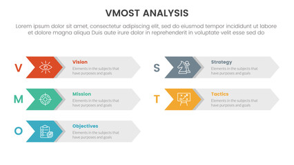 vmost analysis model framework infographic 5 point stage template with arrow box right direction information concept for slide presentation