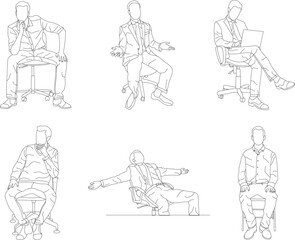 Set of man sitting on a chair line art with white background, illustration line drawing.