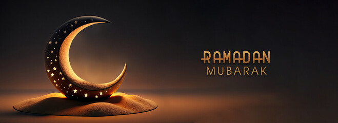 Fototapeta na wymiar Ramadan Mubarak Banner Design With Golden Glittery Text, 3D Render of Crescent Moon Decorated With Glowing Stars On Dune.