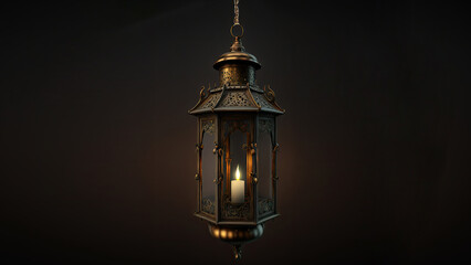 Fototapeta na wymiar 3D Render of Hanging Illuminated Arabic Lantern On Black Background. Islamic Religious Concept.