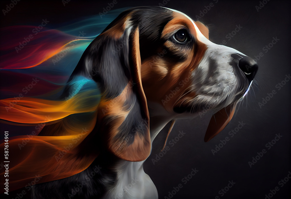 Poster an abstract, surrealist portrait of a beagle, featuring exaggerated proportions and dreamlike colors