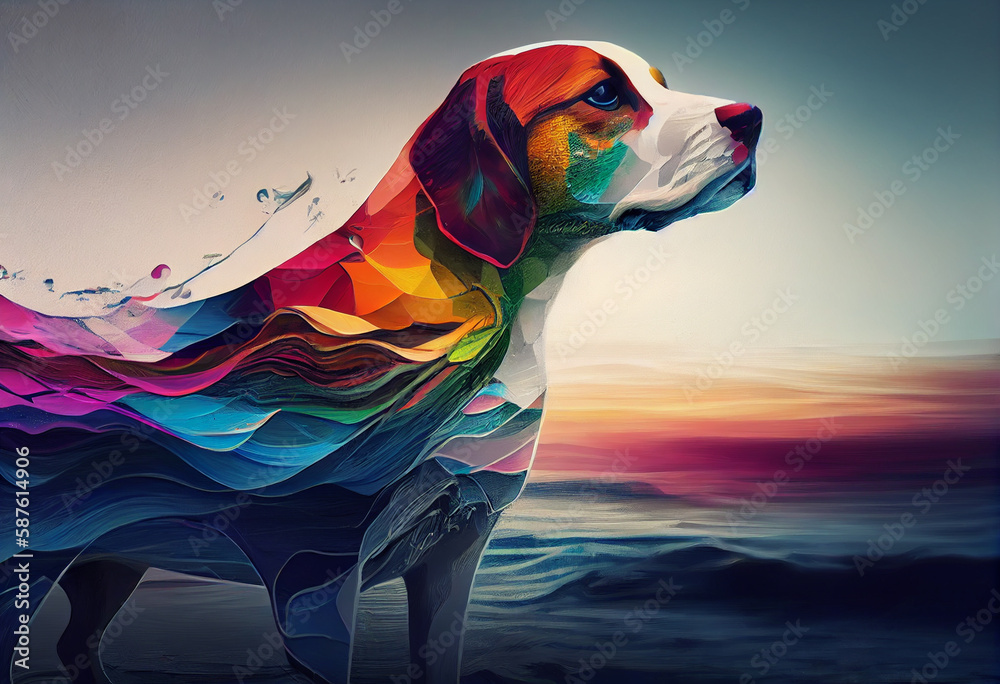 Poster an abstract, surrealist portrait of a beagle, featuring exaggerated proportions and dreamlike colors