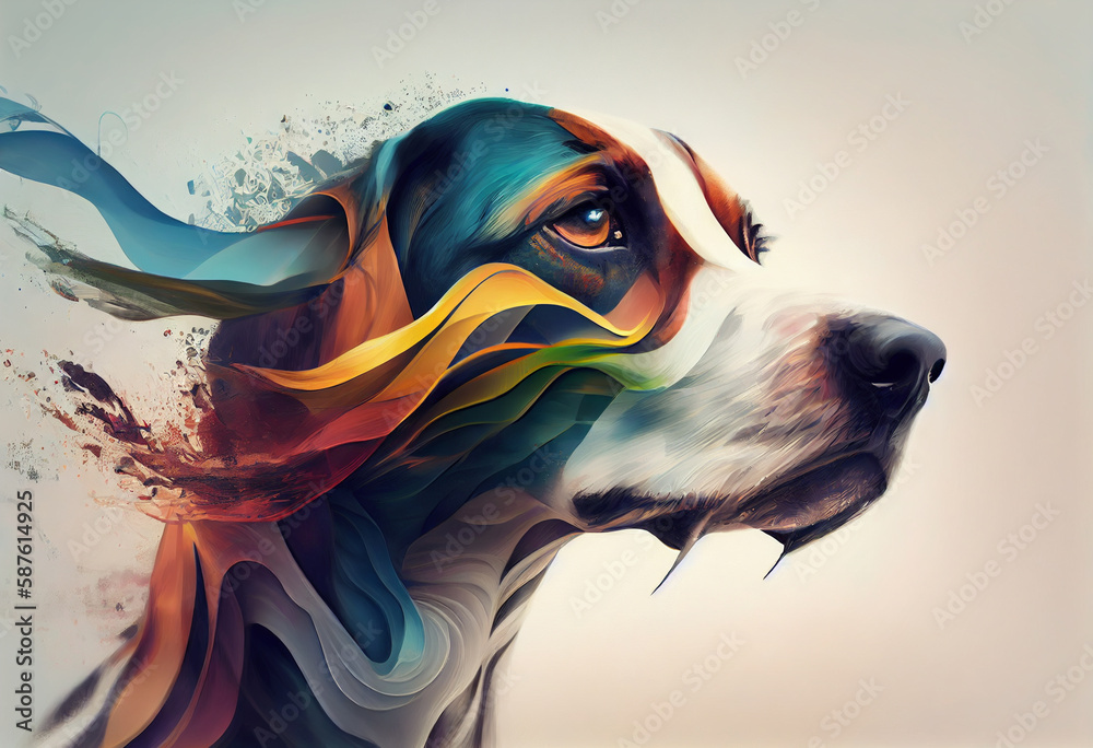 Poster an abstract, surrealist portrait of a beagle, featuring exaggerated proportions and dreamlike colors
