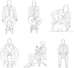 Fototapeta na wymiar Set of man sitting on a chair line art with white background, illustration line drawing.