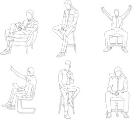Set of man sitting on a chair line art with white background, illustration line drawing.