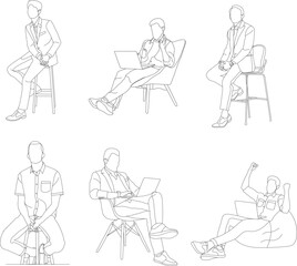 Set of man sitting on a chair line art with white background, illustration line drawing.