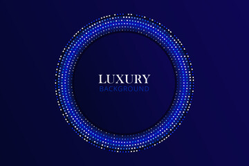 Luxury shining round template. The abstract blue background features a mosaic accented by glittering particles and halftone squares. The glowing gradient effect adds magic to this modern design