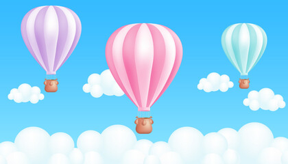 Naklejka premium Realistic 3D cartoon vector illustration of a striped hot air balloon. Pastel colors. Perfect for outdoor activities, tourism, and summer fun, festival banners and children's illustrations