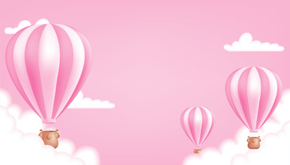A hot air balloon on the pink background. Cute pastel children illustration perfect for a poster, invitation or card. Vector illustration template for birthday anniversaries, and baby showers. ©  Tati. Dsgn