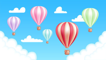 Realistic 3D vector illustration of a colorful hot air balloons in a blue sky background with clouds. Adventure, recreation, and travel, with an airship flying. Cute children cartoon image.