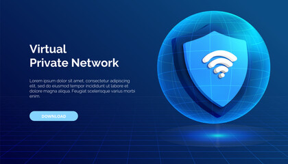 3D vector illustration of a globe-shaped mesh wireframe with a shield icon and VPN app symbol. The cyber sphere represents secure communication, protection and privacy on the internet. Blue banner