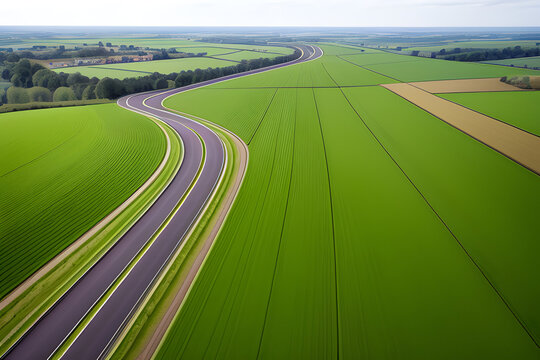 Road network in Netherlands, high quality roads in countryside, landscape with fields, road and bicycle line