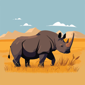 Black rhinoceros in the grasslands. Threatened or endangered species animals. Flat vector illustration concept. Generative AI
