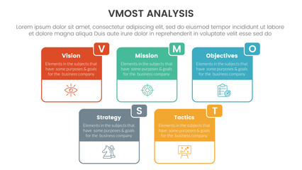 vmost analysis model framework infographic 5 point stage template with big box outline information concept for slide presentation