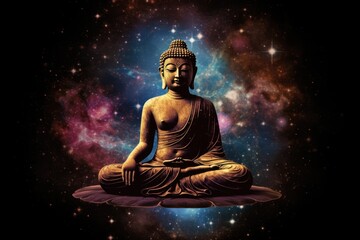 Buddha meditating in space - galaxies, stars, space dust, cosmic lights and planets, generative ai