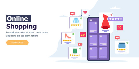 Online Shopping on Mobile phone Application and Digital marketing promotion, perfect for web design, banner, mobile app, landing page