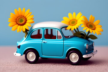 Card with a little toy car delivering bouquet flowers on blue background.