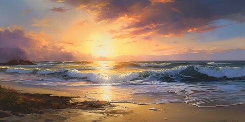 Obraz premium Oil painting illustration depicting a serene scene, sunset at a beautiful beach, clouds in the sky and pristine sand - generative ai